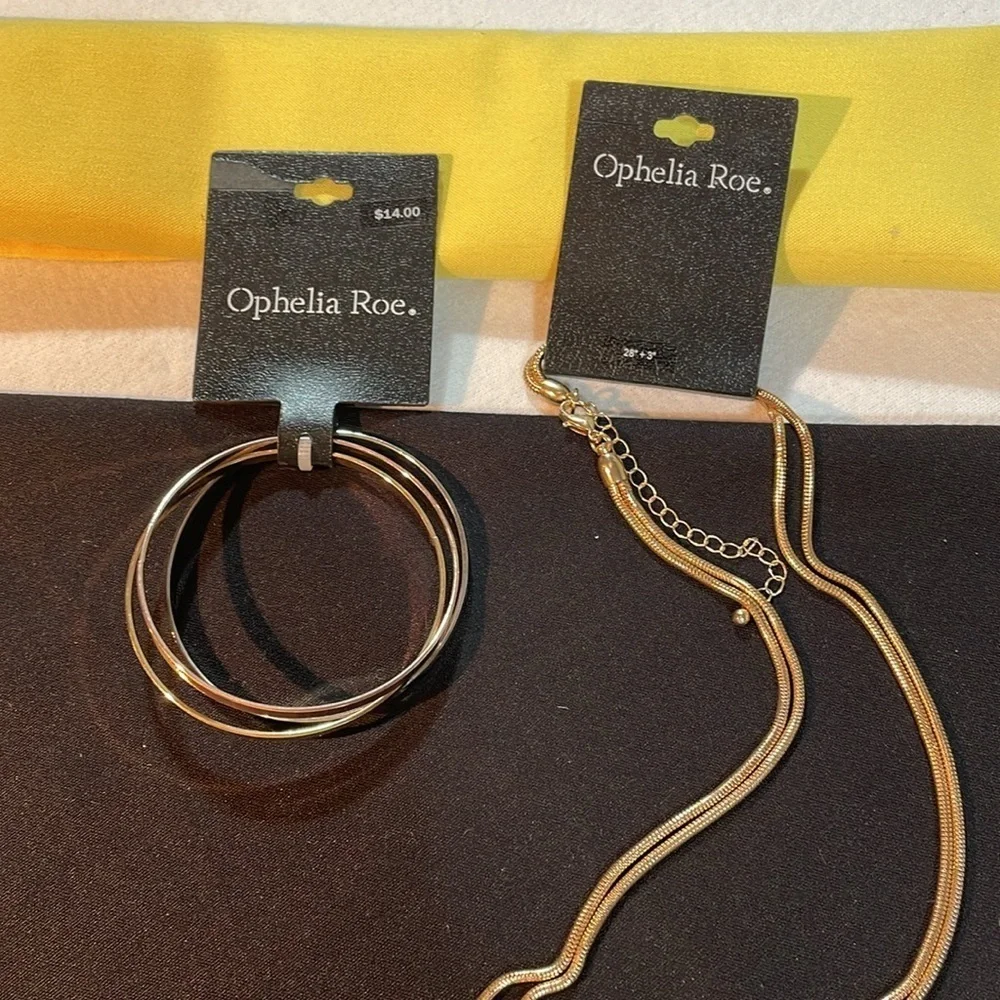 Bundle of 2 Gold Pearl Necklace & 3 Bangle Bracelets Ophelia Roe NWT